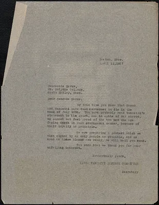 Sacco-Vanzetti Defense Committee typed note (copy) to Jeannette Marks, Boston, Mass., April 11, 1927