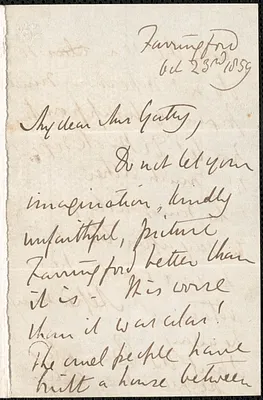 Emily Tennyson autograph letter signed to Mrs. Gatty, Farringford, [Isle of Wight], 23 October 1859
