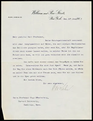 Kahn, Otto Hermann, 1867-1934 typed letter signed to Hugo Münsterberg, New York, 29 January 1907