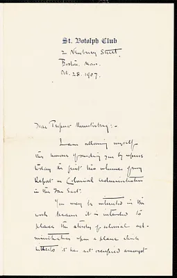 Ireland, Alleyne, 1871-1951 autograph letter signed to Hugo Münsterberg, Boston, 28 October 1907