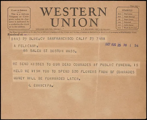 L. Emancipa telegram to Aldino Felicani, San Francisco, Calif., August 25, 1927