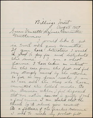 C. H. Perrini autograph letter signed to Sacco-Vanzetti Defense Committee, Billings, Mont., August 25, 1927
