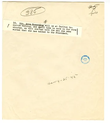 Note re Visit of Anna Rosenberg to President Hary S. Truman