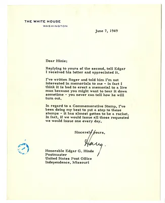 Letter from Harry S. Truman to Edgar Hinde