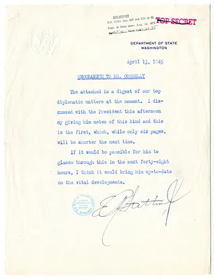 Memorandum from Secretary of State Edward Stettinius to Matthew Connelly