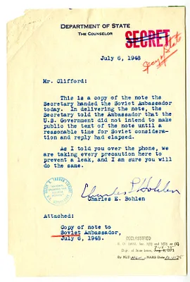 Memorandum from Charles Bohlen to Clark Clifford, with Attached Memorandum from Secretary of State George Marshall to Ambassador Alexander Panyushkin