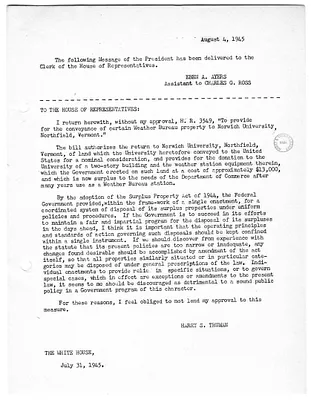Press Release, Message of President Harry S. Truman to the United States House of Representatives