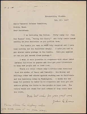 Julia C. Coons typed letter signed to Sacco-Vanzetti Defense Committee, Brooksville, Fla., October 25, 1927