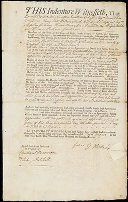 Ephraim S Gendell indentured to apprentice with John G Holland of Boston, 16 August 1797