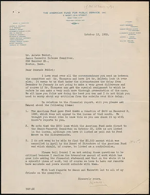 Elizabeth Gurley Flynn (The American Fund For Public Service, Inc.) typed letter signed to Amleto Fabbri, New York, N.Y., October 13, 1925