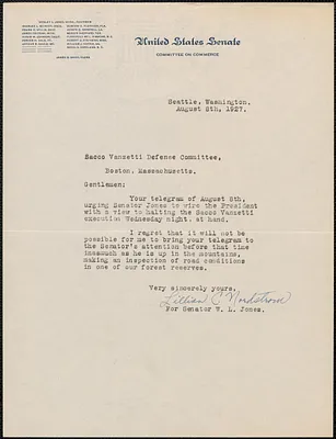 Lillian C. Nordstrom typed note signed to Sacco-Vanzetti Defense Committee, Seattle, Wash., August 8, 1927
