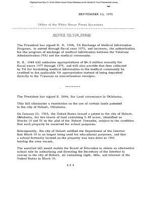 President signed H.R. 3348 - VA Exchange of Medical Information Program [Signing Statements and Announcements]