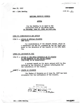 Agenda, Thirteenth Meeting of the National Security Council