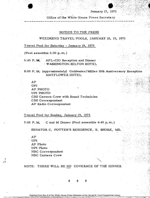Weekend Travel Pools, January 18, 19, 1975 [Pool Assignments]