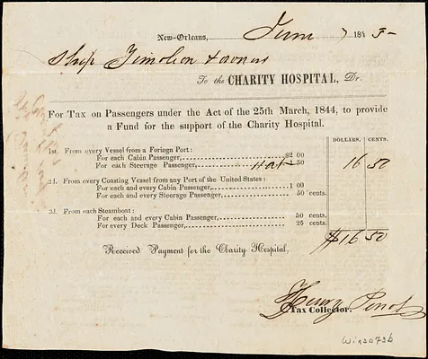 Receipt from Charity Hospital, New Orleans for tax paid on passengers under the Act of the 25th March, 1844 to provide a fund for support of the Charity Hospital