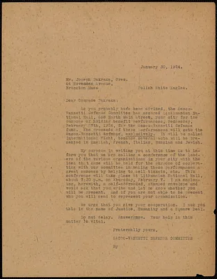 Sacco-Vanzetti Defense Committee typed letter (copy) to Joseph Pakraka (Polish White Eagles), Boston, Mass, January 30, 1924