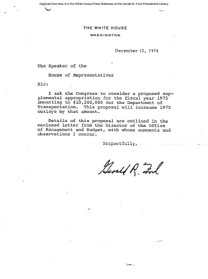 Letter from the President to the Speaker of the House of Representatives to consider a proposed supplemental appropriation for the fiscal year 1975 for the Department of Transportation