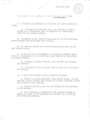 Outline for President Harry S. Truman's Jefferson Day Speech