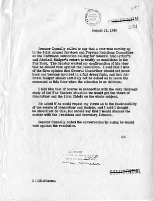 Memorandum of Telephone Conversation with Secretary of State Dean Acheson and Senator Tom Connally
