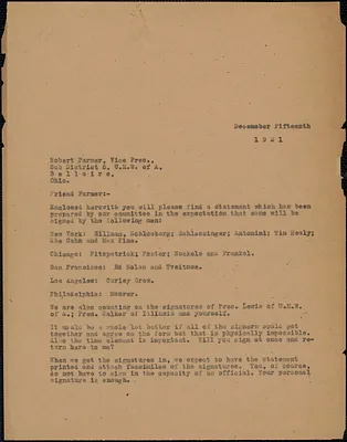 Sacco-Vanzetti Defense Committee typed letter (copy) to Robert Farmer (Sub District 5, United Mine Workers of America), Boston, Mass., December 15, 1921
