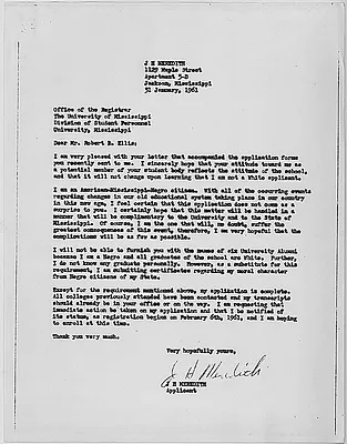 Letter from James Meredith to the Registrar at the University of Mississippi, 31 January 1961