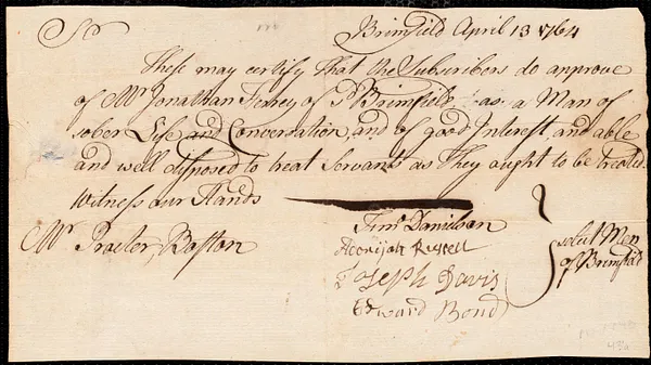 Hannah Melvin indentured to apprentice with Jonathan Ferre of Brimfield, 20 February 1765