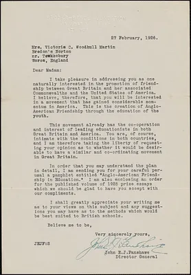 John E. J. Fanshawe typed letter signed to Victoria Woodhull Martin, February 27, 1926