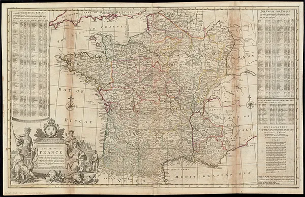 A new and exact map of France divided into all its provinces and acquisitions, according to the newest observations, and that accurate survey made by the King's command by Mr. Picar and de la Hire, with the post roads and the computed leagues from town to town, the passes of the Pirenean Mountains, and many other remarcks &c