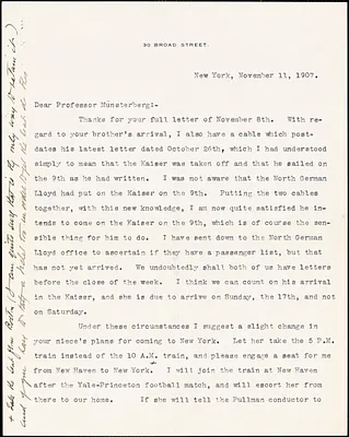 De Forest, Robert Weeks, 1848-1931 typed letter signed to Hugo Münsterberg, New York, 11 November 1907