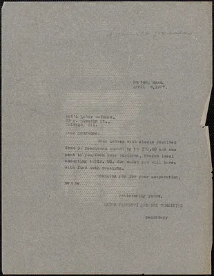 Sacco-Vanzetti Defense Committee typed note (copy) to International Labor Defense, Boston, Mass., April 8, 1927