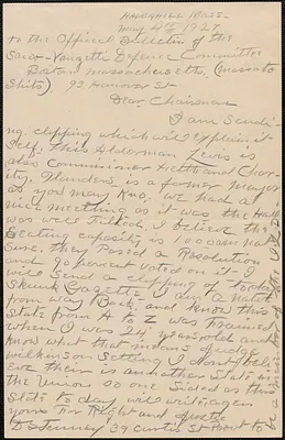 D. Jenney autograph letter signed to Sacco-Vanzetti Defense Committee, Haverhill, Mass., May 4, 1927