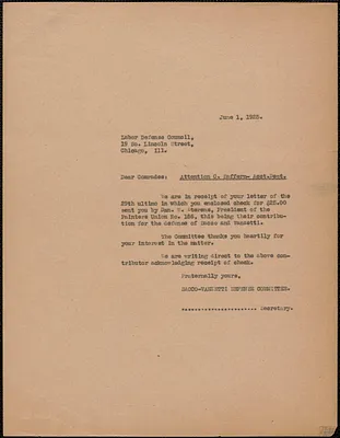 Sacco-Vanzetti Defense Committee typed letter (copy) to Labor Defense Council, Boston, Mass., June 1, 1925
