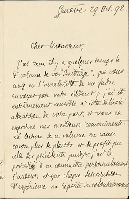 Flournoy, Théodore, 1854-1920 autograph letter signed to Hugo Münsterberg, Genève, 29 October 1892