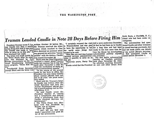 Memorandum, Mr. Short's Press and Radio Conference, with Attached Washington Post Newspaper Clipping, "Truman Lauded Caudle in Note 28 Days Before Firing Him"
