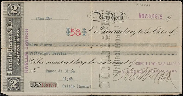Pedro Sierra bank note, New York, N. Y., November 30, 1915