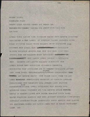 Art [Shields] telegram (copy) to Esther Lowell (The Federated Press), [Boston, Mass, 1924?]