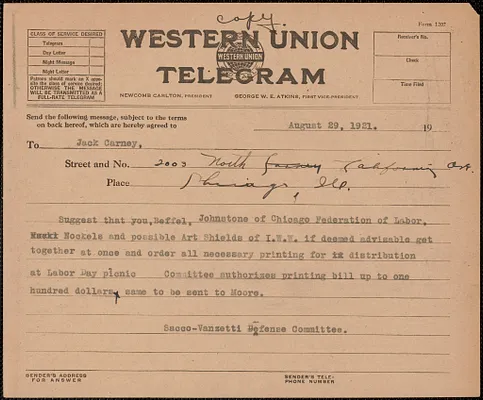 Sacco-Vanzetti Defense Committee telegram (copy) to Jack Carney [Voice of Labor], Boston, Mass., August 29, 1921
