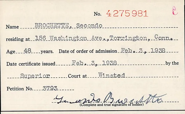 Naturalization Index, Litchfield County Superior Court, 1907-1972, Brochette-Fabische