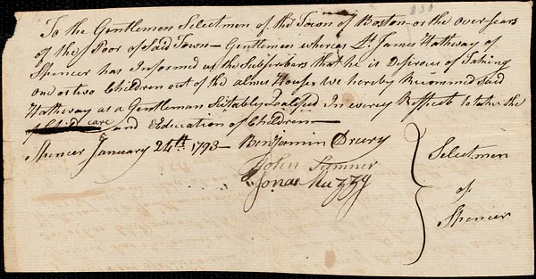 John Wright indentured to apprentice with James Hathway of Spencer, 27 March 1793