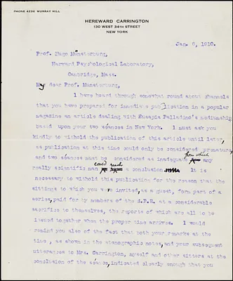 Carrington, Hereward, 1880-1959 typed letter signed to Hugo Münsterberg, New York, 6 January 1910