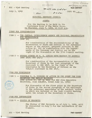 Agenda for the Forty-Third Meeting of the National Security Council