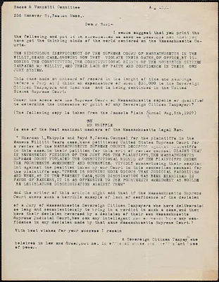 "A Sovereign Citizen Taxpayer" typed letter to Sacco-Vanzetti Defense Committee, August 12, 1927