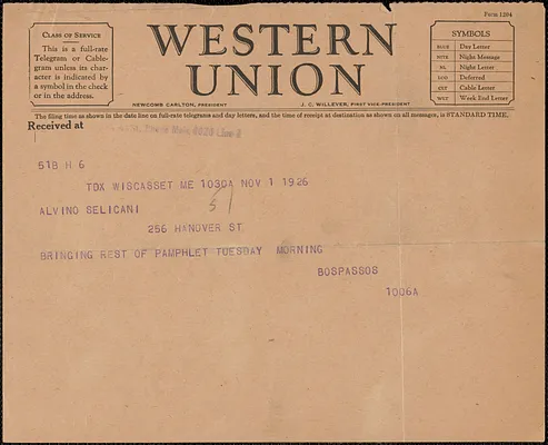 John Dos Passos telegram to Aldino Felicani, Wiscasset, Me., November 1, 1926
