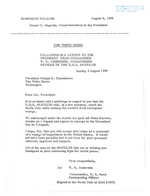 Press Release. Letter from Commander W. R. Anderson to President Dwight D. Eisenhower