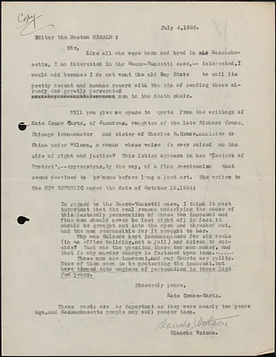 Blanche Watson typed letter (copy) to Editor, the Boston Herald, July 4, 1926