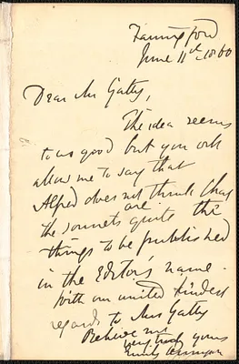 Emily Tennyson autograph letter signed to Mr. Gatty, Farringford, [Isle of Wight], 11 June 1860