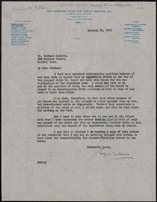 Roger N. Baldwin typed letter signed to Gardner Jackson, New York, N. Y., January 18, 1929