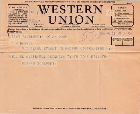 Telegram to H.H. Barker, November 28, 1934