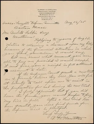 Albert H. Hamilton autograph letter signed to mleto Fabbri (Sacco-Vanzetti Defense Committee), Auburn, N.Y., August 16, 1925