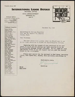 James P. Cannon (International Labor Defense) typed letter signed to Sacco-Vanzetti Defense Committee, Chicago, Ill., November 10, 1926